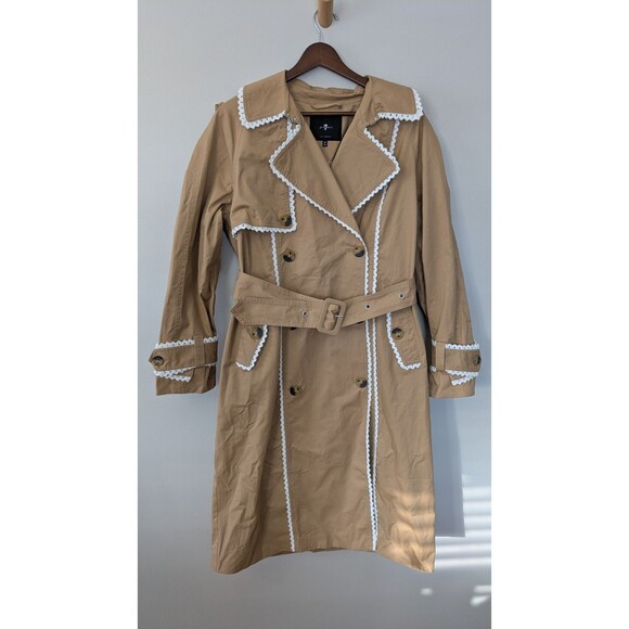 7 for All Mankind Trench Coat M Crochet Trim Boho Cottage Double Breasted NWOT - Picture 1 of 13
